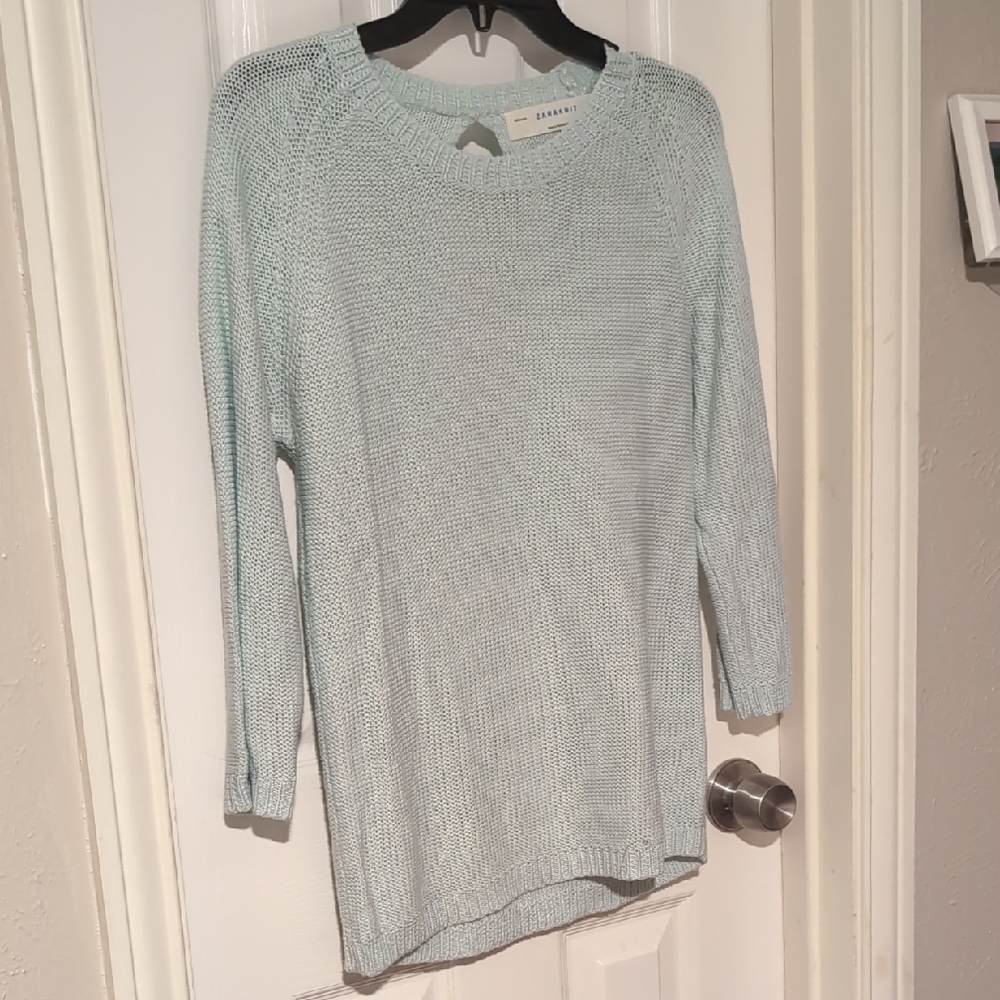 Zara Seafoam Green Knit Sweater With Keyhole Back Cutout 3/4 Sleeve